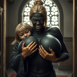 Inside a medieval room, a desperate and irritated 19-year-old blonde girl with medium-length hair is closing her eyes and wearing a long, fully closed noble Buddhist robe