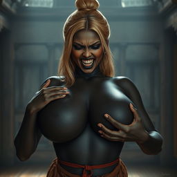 Inside a medieval room, a desperate and irritated 19-year-old blonde girl with medium-length hair is closing her eyes and wearing a long, fully closed noble Buddhist robe