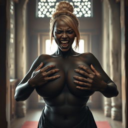 Inside a medieval room, a desperate and irritated 19-year-old blonde girl with medium-length hair is closing her eyes and wearing a long, fully closed noble Buddhist robe