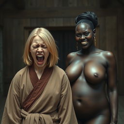 In a medieval room, a distressed young blonde woman, 19 years old with medium-length hair, is in a moment of extreme emotion