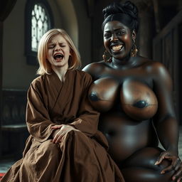 In a medieval room, a distressed young blonde woman, 19 years old with medium-length hair, is sitting on the lap of a voluptuous black woman