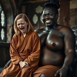 In a medieval room, a distressed young blonde woman, 19 years old with medium-length hair, is sitting on the lap of a voluptuous black woman