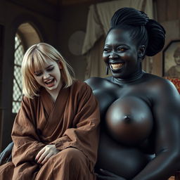 In a medieval room, a distressed young blonde woman, 19 years old with medium-length hair, is sitting on the lap of a voluptuous black woman