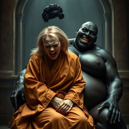 In a medieval room, a distressed young blonde woman, 19 years old with medium-length hair, is sitting on the lap of a voluptuous black woman