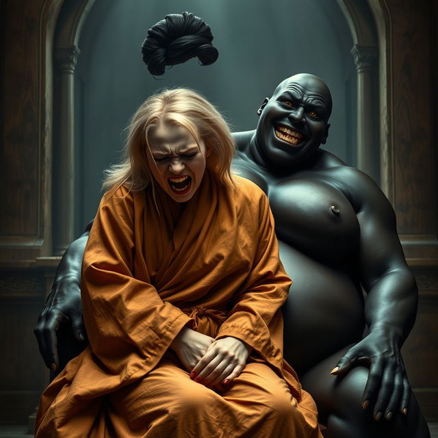 In a medieval room, a distressed young blonde woman, 19 years old with medium-length hair, is sitting on the lap of a voluptuous black woman