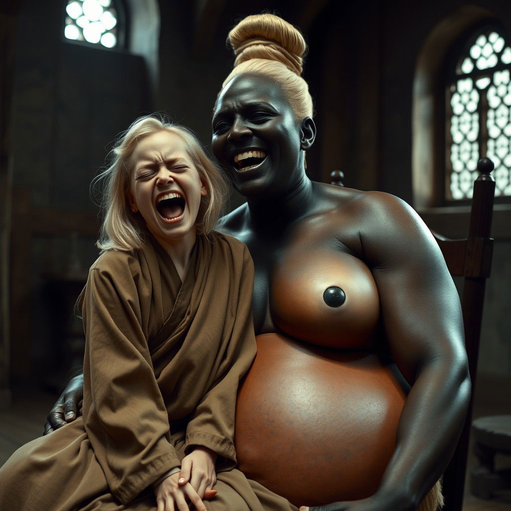 In a medieval room, a frail young blonde woman, 19 years old with medium-length hair, experiences a mix of desperation and joy as she closes her eyes, wearing a long, fully closed Buddhist robe