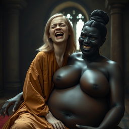 In a medieval room, a frail young blonde woman, 19 years old with medium-length hair, experiences a mix of desperation and joy as she closes her eyes, wearing a long, fully closed Buddhist robe