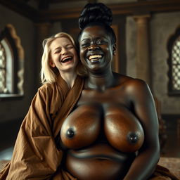 In a medieval room, a frail young blonde woman, 19 years old with medium-length hair, experiences a mix of desperation and joy as she closes her eyes, wearing a long, fully closed Buddhist robe