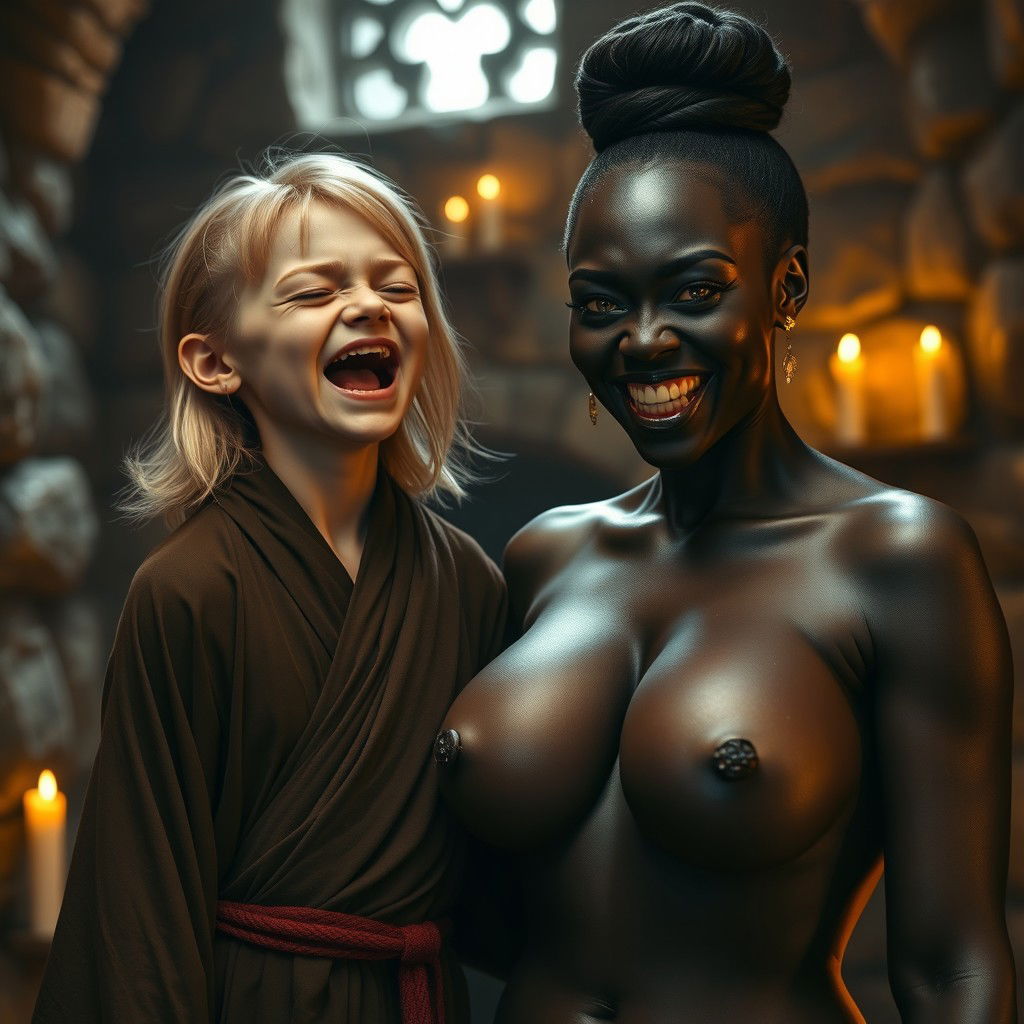 In a medieval room filled with stone walls and flickering candlelight, a young blonde dwarf woman, 19 years old and appearing malnourished, closes her eyes with medium-length hair