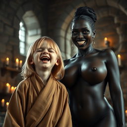 In a medieval room filled with stone walls and flickering candlelight, a young blonde dwarf woman, 19 years old and appearing malnourished, closes her eyes with medium-length hair