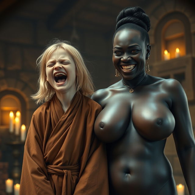 In a medieval room filled with stone walls and flickering candlelight, a young blonde dwarf woman, 19 years old and appearing malnourished, closes her eyes with medium-length hair