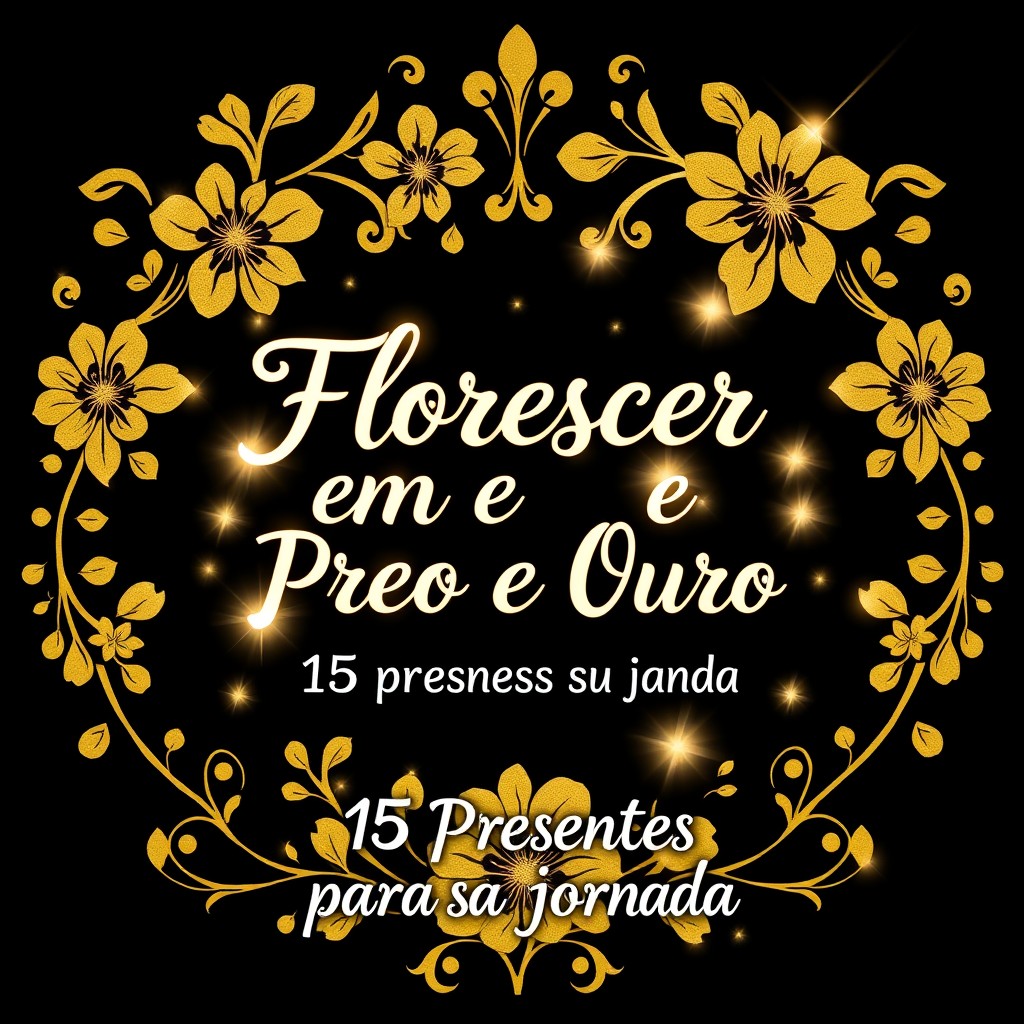 A colorful book cover for a 15-year-old girl titled 'Florescer em Preto e Ouro: 15 Presentes para Sua Jornada'