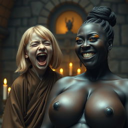 In a medieval room filled with stone walls and flickering candlelight, a young 19-year-old blonde dwarf woman, looking malnourished and with striking blue eyes, closes her eyes with medium-length hair