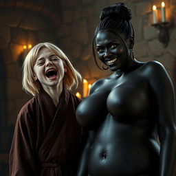 In a medieval room filled with stone walls and flickering candlelight, a young 19-year-old blonde dwarf woman, looking malnourished and with striking blue eyes, closes her eyes with medium-length hair