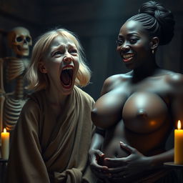 In a medieval room alongside a skeleton, a young 19-year-old blonde dwarf woman appears malnourished, with striking blue eyes and medium-length hair