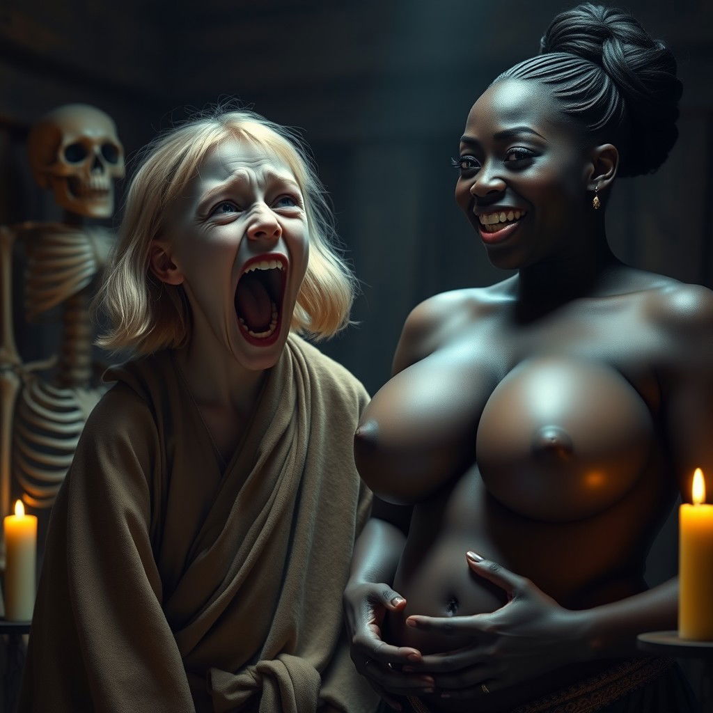 In a medieval room alongside a skeleton, a young 19-year-old blonde dwarf woman appears malnourished, with striking blue eyes and medium-length hair