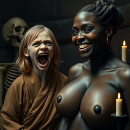 In a medieval room alongside a skeleton, a young 19-year-old blonde dwarf woman appears malnourished, with striking blue eyes and medium-length hair