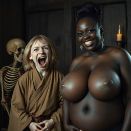 In a medieval room alongside a skeleton, a young 19-year-old blonde dwarf woman appears malnourished, with striking blue eyes and medium-length hair