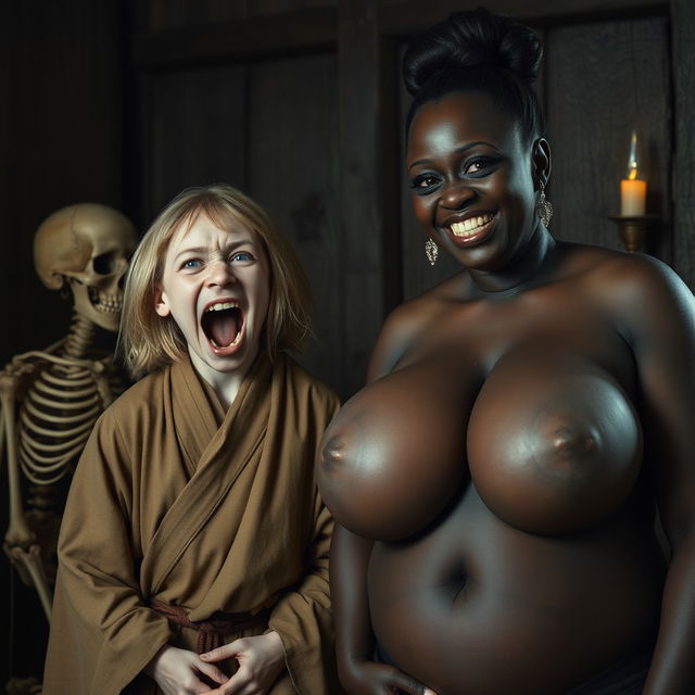 In a medieval room alongside a skeleton, a young 19-year-old blonde dwarf woman appears malnourished, with striking blue eyes and medium-length hair