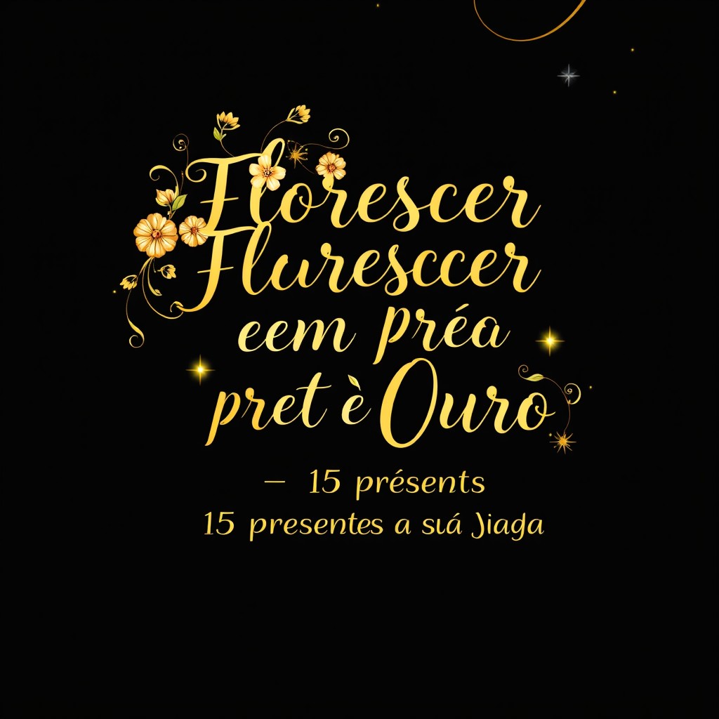 A vibrant book cover designed for a 15-year-old girl, featuring the title 'Florescer em Preto e Ouro: 15 Presentes para Sua Jornada'