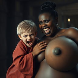 In a dimly lit medieval room, a dramatic scene unfolds featuring a young 19-year-old blonde dwarf girl