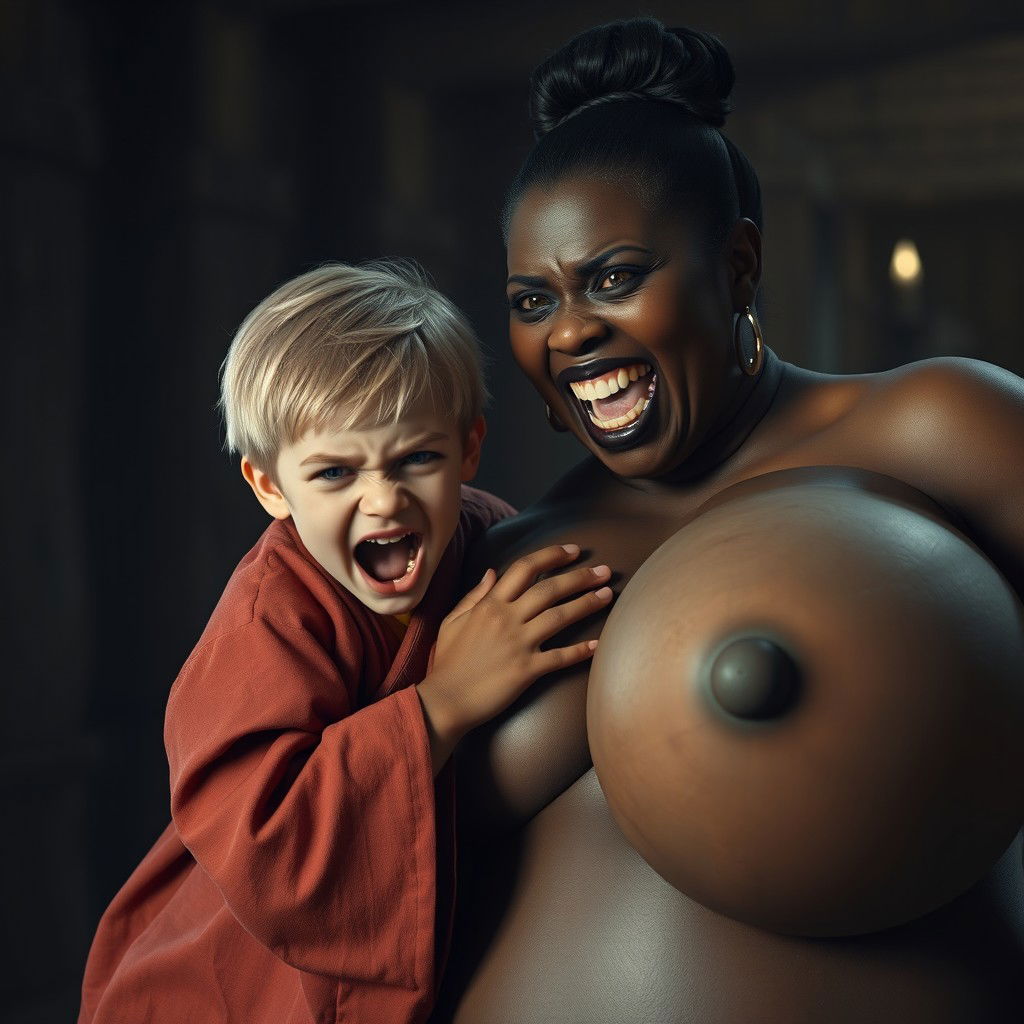 In a dimly lit medieval room, a dramatic scene unfolds featuring a young 19-year-old blonde dwarf girl