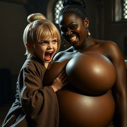 In a dimly lit medieval room, a dramatic scene unfolds featuring a young 19-year-old blonde dwarf girl