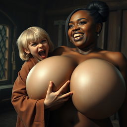 In a dimly lit medieval room, a dramatic scene unfolds featuring a young 19-year-old blonde dwarf girl