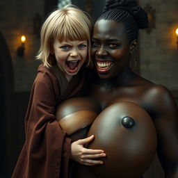 In a dimly lit medieval room, a dramatic scene unfolds featuring a young 19-year-old blonde dwarf girl