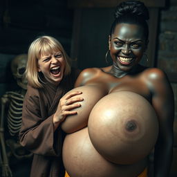 In a dimly lit medieval room next to a skeleton, a striking scene unfolds featuring a 23-year-old blonde dwarf woman