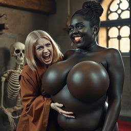 In a dimly lit medieval room next to a skeleton, a striking scene unfolds featuring a 23-year-old blonde dwarf woman