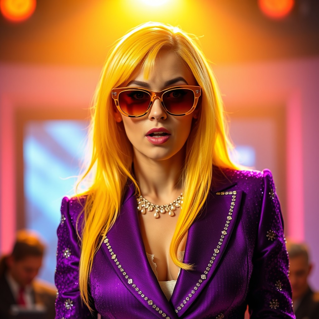A female journalist with long, bright yellow hair and striking yellow eyes, wearing flamboyant sunglasses
