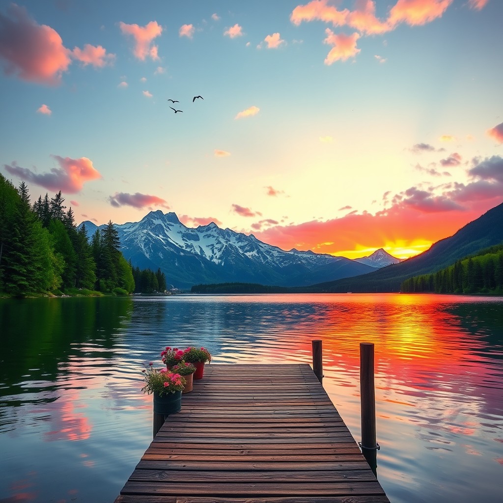 A serene landscape depicting a tranquil lakeside at sunset, with vibrant pink and orange hues reflecting on the water
