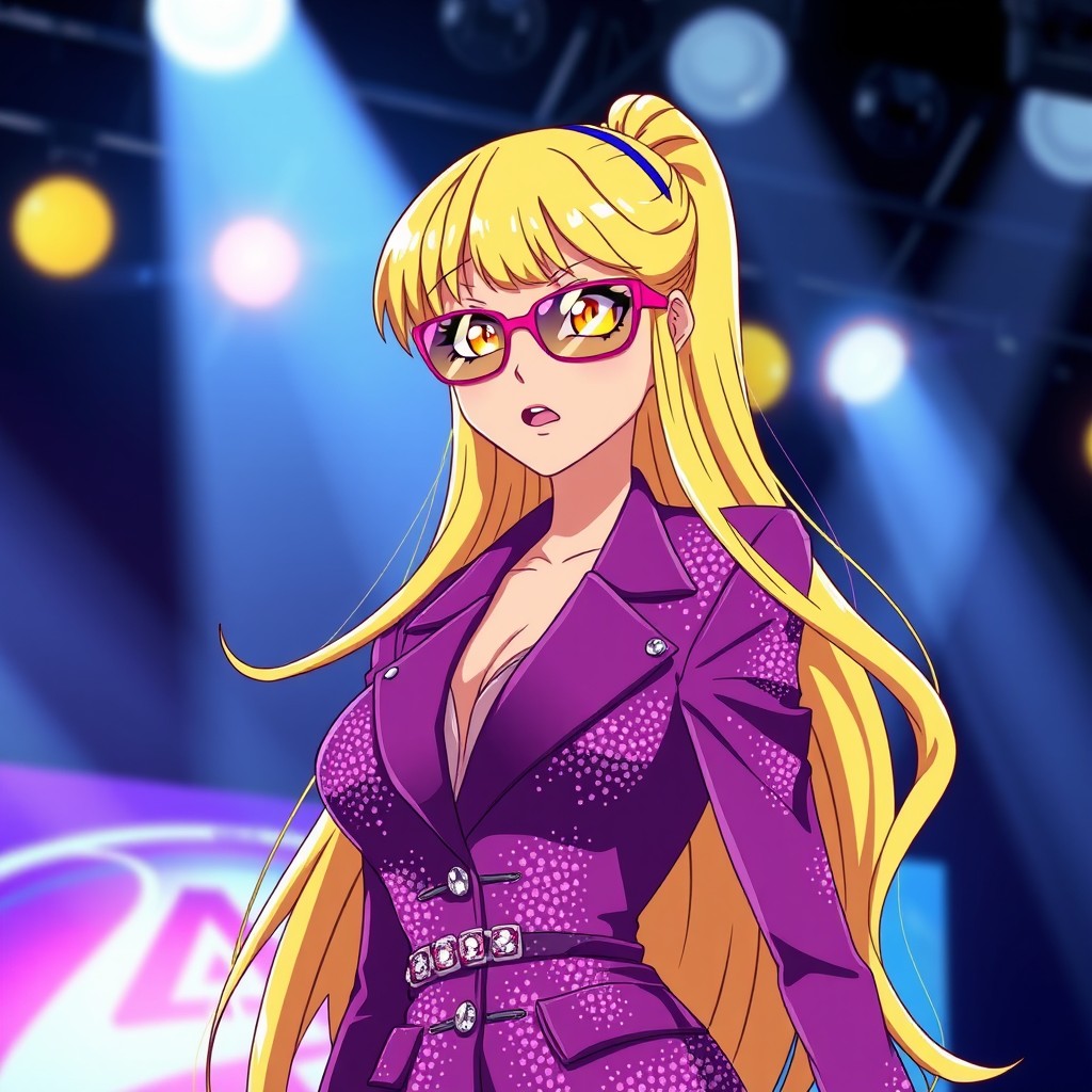 An anime-style female journalist with long, bright yellow hair and striking yellow eyes, wearing flamboyant sunglasses