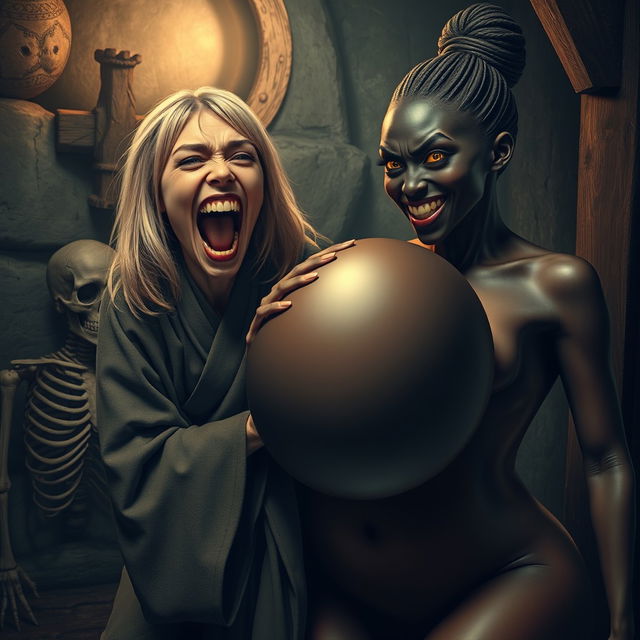 In a dimly lit medieval room next to a skeleton, a wildly imaginative scene features a 23-year-old blonde dwarf woman