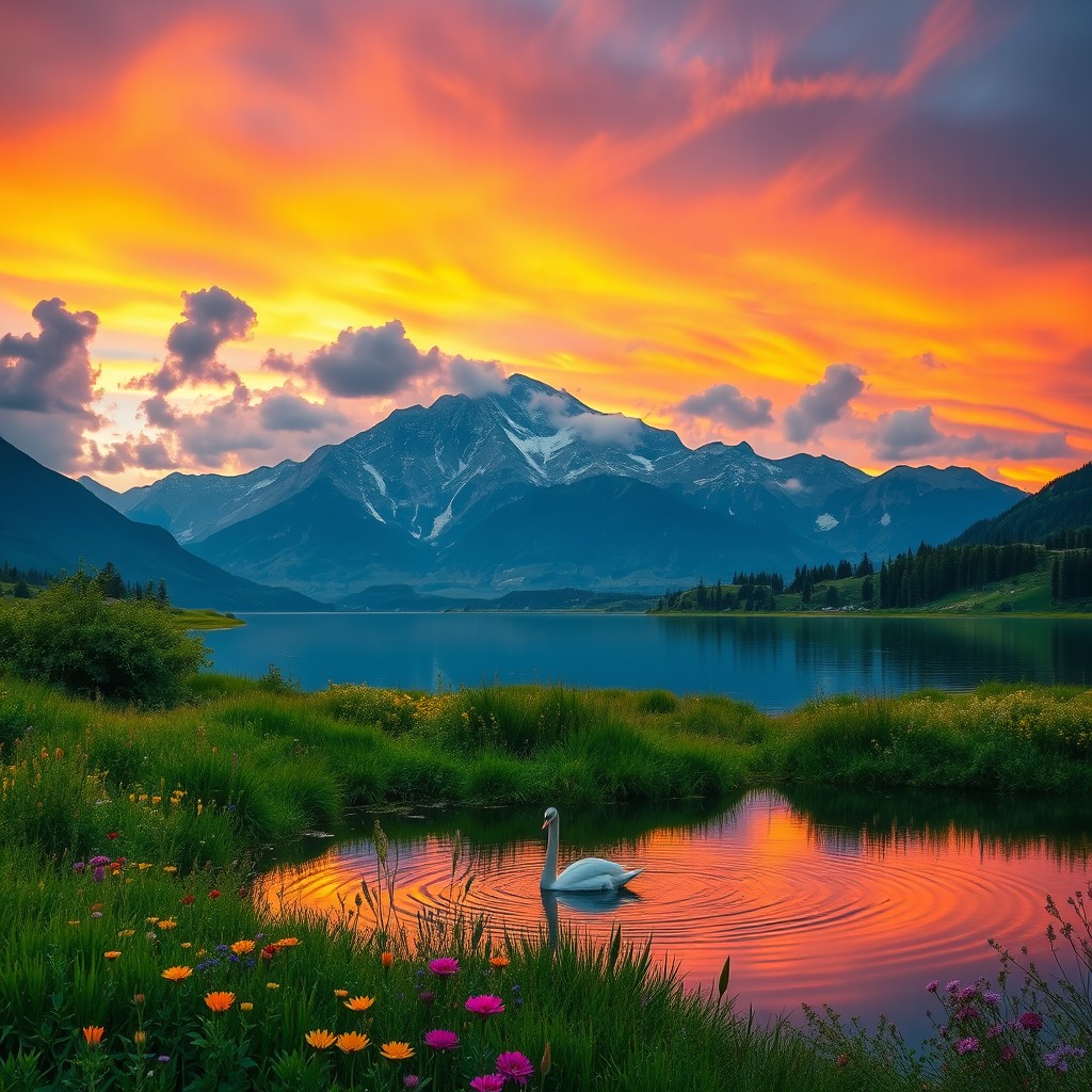 A serene landscape showcasing a majestic mountain range during sunset