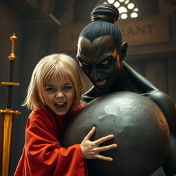 Inside a medieval room, a striking scene unfolds with a golden sword glimmering on the side