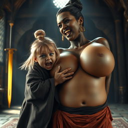 Inside a medieval room, a striking scene unfolds with a golden sword glimmering on the side