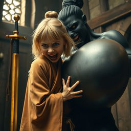 Inside a medieval room, a striking scene unfolds with a golden sword glimmering on the side