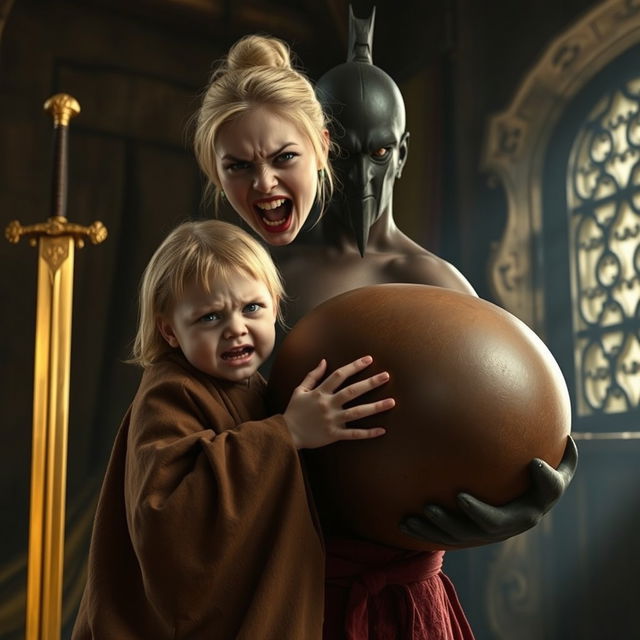 Inside a medieval room, a striking scene unfolds with a golden sword glimmering on the side