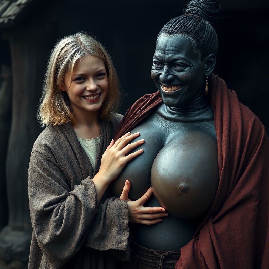 In a haunted, poor medieval village, a very happy 19-year-old malnourished blonde woman with medium hair is dressed in a long, closed noble Buddhist cloak