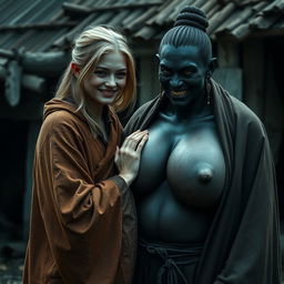 In a haunted, poor medieval village, a very happy 19-year-old malnourished blonde woman with medium hair is dressed in a long, closed noble Buddhist cloak