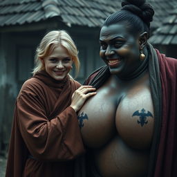 In a haunted, poor medieval village, a very happy 19-year-old malnourished blonde woman with medium hair is dressed in a long, closed noble Buddhist cloak