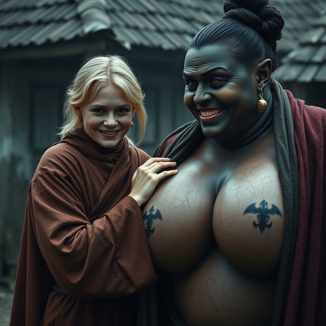 In a haunted, poor medieval village, a very happy 19-year-old malnourished blonde woman with medium hair is dressed in a long, closed noble Buddhist cloak