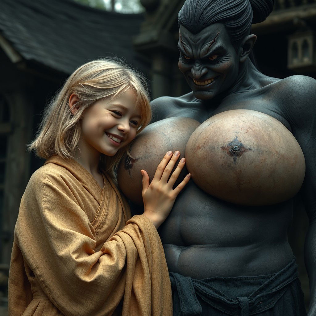 In a poor, haunted medieval village, a cheerful 19-year-old malnourished blonde girl with medium-length hair is dressed in a long, closed noble Buddhist robe