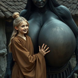 In a poor, haunted medieval village, a cheerful 19-year-old malnourished blonde girl with medium-length hair is dressed in a long, closed noble Buddhist robe