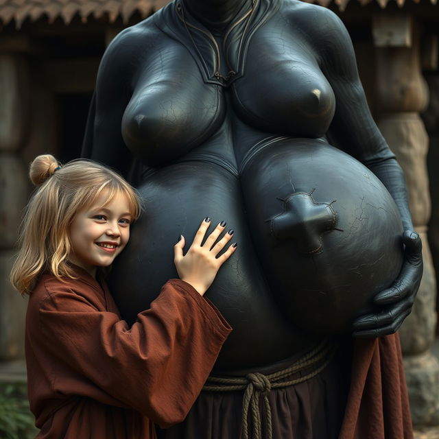 In a poor, haunted medieval village, a cheerful 19-year-old malnourished blonde girl with medium-length hair is dressed in a long, closed noble Buddhist robe