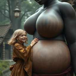 In a poor, haunted medieval village, a cheerful 19-year-old malnourished blonde girl with medium-length hair is dressed in a long, closed noble Buddhist robe