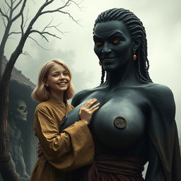 In a poor, haunted medieval village, a cheerful 19-year-old malnourished blonde girl with medium-length hair is dressed in a long, closed noble Buddhist robe