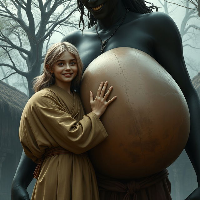 In a poor, haunted medieval village, a cheerful 19-year-old malnourished blonde girl with medium-length hair is dressed in a long, closed noble Buddhist robe